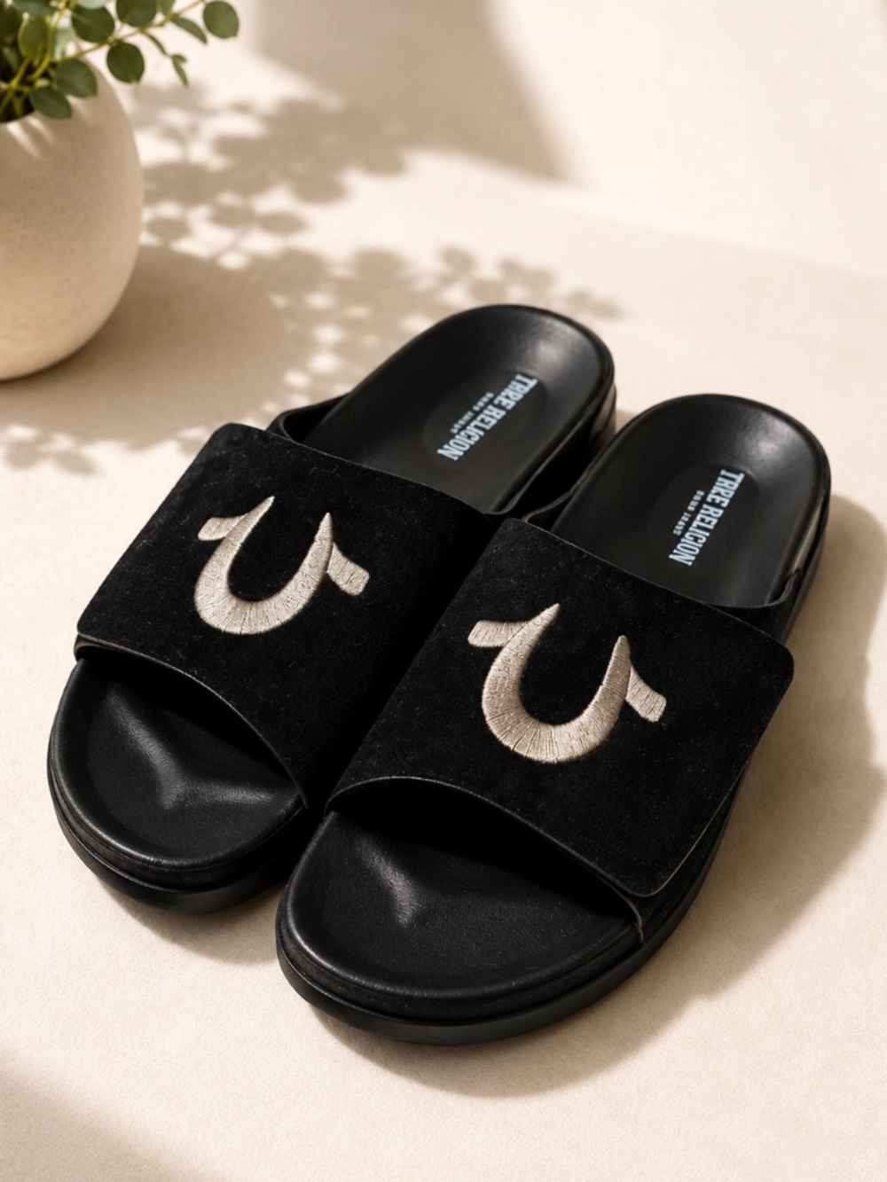 True Religion Biggy Slide Sandals Black Hook Loop Strap Men’s Size 11 NWOB